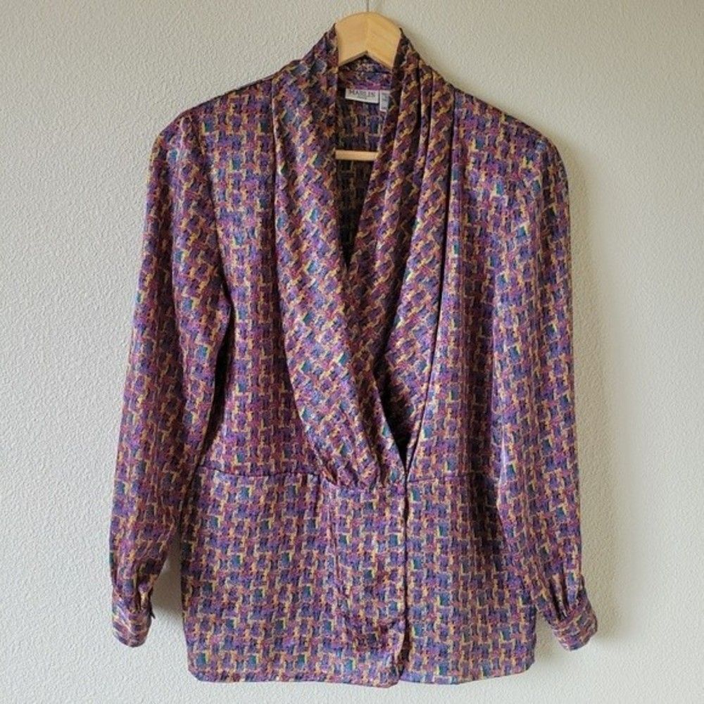 Vintage MARLIS Blouse Size 8 Geometric Pattern Dinner Jacket Blouson Silky Cowl